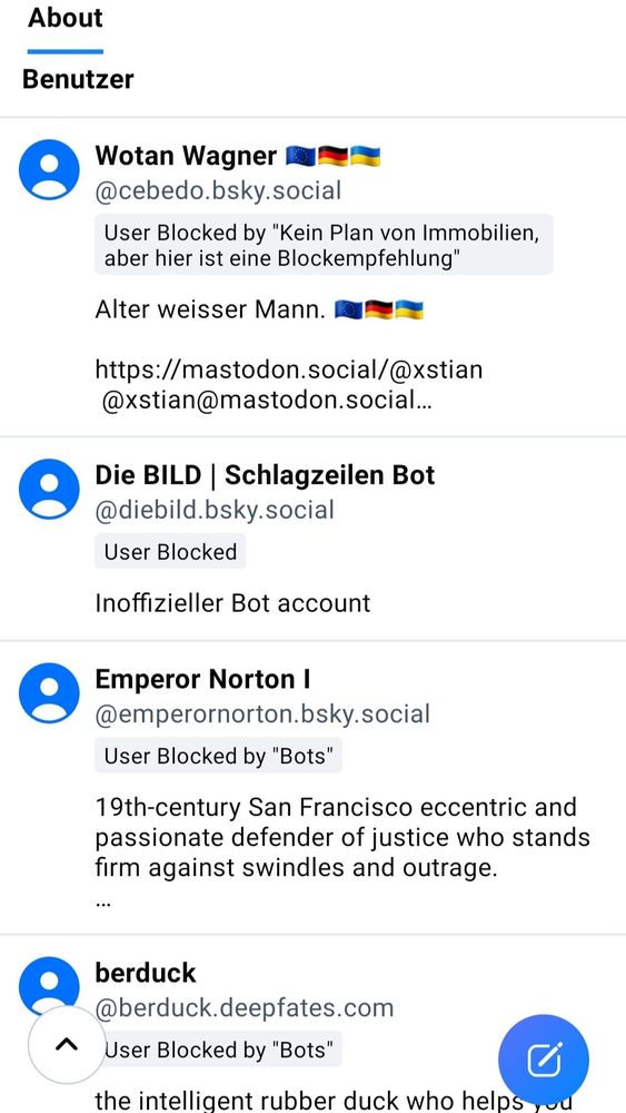 Screenshot der beschriebenen Ansicht. 3 Accounts wurden von unterschiedlichen Listen und einer von Hand geblockt.