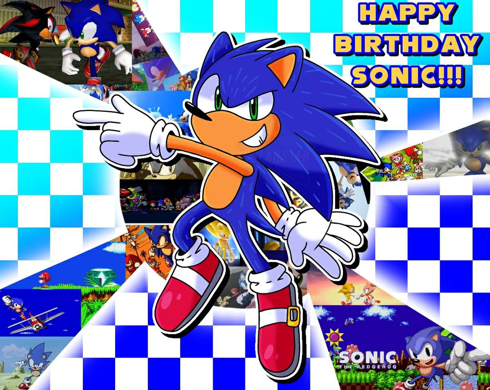 A drawing of Sonic the Hedgehog on top of a background consisting of various screenshots from Sonic games over the years which are laid over a blue checkerboard pattern. There is yellow and blue text in the upper-right corner that reads "Happy Birthday Sonic!!!"