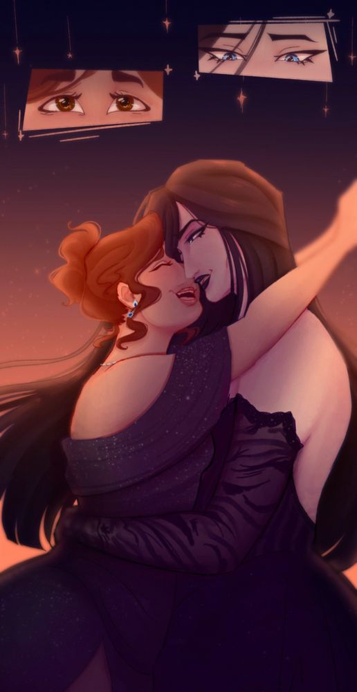 Scene from Chapter 8 of JBPH:
Shang Qinghua leaping into Ms. Mobei's arms as they dance. Both women are smiling and two separate panels above them show how their eyes are locked on each other.