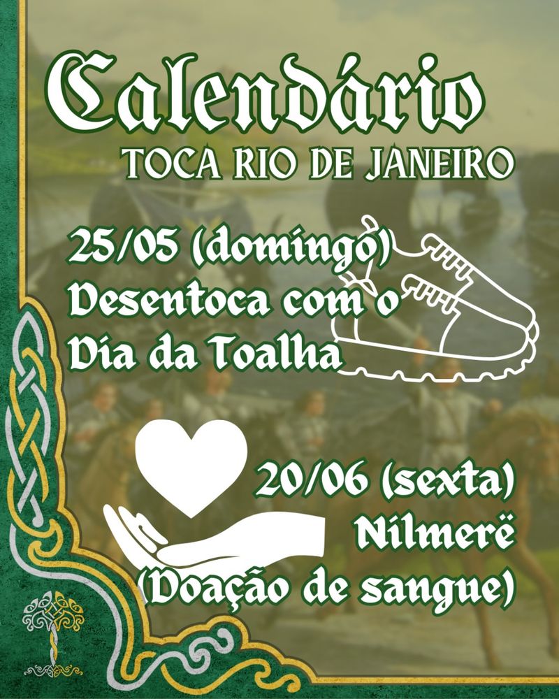 Calendário Toca Rio de Janeiro

25/05 (domingo)
DesenToca com o Dia da Toalha

20/06 (sexta)
Nilmerë (doação de sangue)