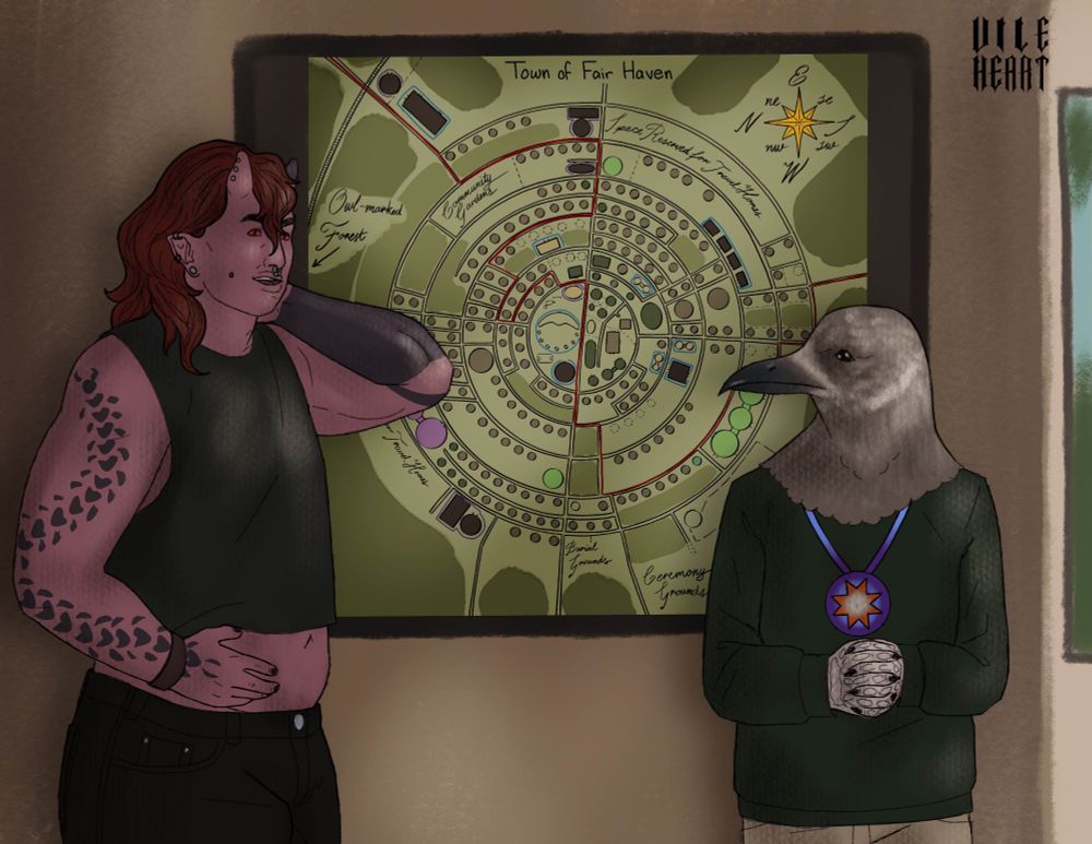 October, a tiefling man, stands with an aaracokra person in front of a town map. The two appear to be in conversation, with October standing awkwardly. October has dark pink skin, maroon hair, and wears all black. The aaracokra has gray feathers and wears a green sweater, khakis, and a medallion beaded in purple, blue, orange, and white.