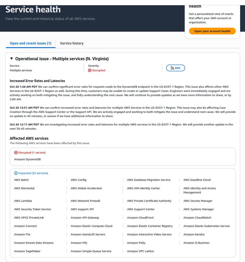 "We can confirm significant error rates for requests made to the DynamoDB endpoint in the US-EAST-1 Region. This issue also affects other AWS Services in the US-EAST-1 "