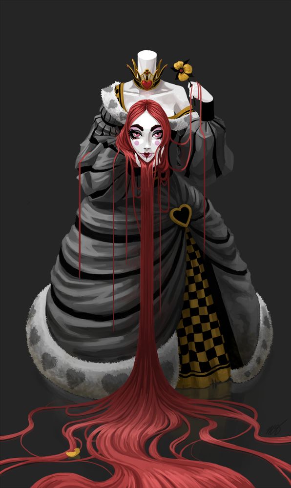 A pale woman inspired by the Queen of Hearts stands, holding her head in her right hand. Her face is smiling subtly, and her makeup and eyes are pink. The red hair from the head streams down and puddles on the floor mimicking the appearance of blood. Her left hand holds a golden flower, one of which petals has fallen onto the floor. The queen's crown is hung around her neck. 