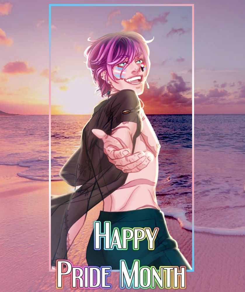 Wren standing on the beach, the sun setting with lavenders, pinks and oranges across the sky and clouds. Reaching a hand out, a bright smile on his face, wind rushes through purple hair, sheer top flowing around his scarred top. Happy Pride Month written on the bottom