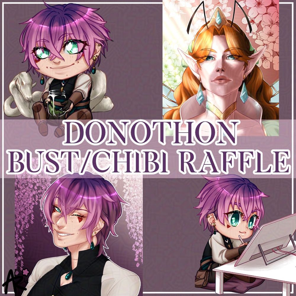Donothon Bust/Chibi Raffle! Wren chibis holding a jar with a small snake behind him and one of him sitting at a desk drawing on his tablet. Bust pieces of Wren winking standing in front of a wisteria covered background and Bess Noveless glowing in some sun rays with cherry blossoms behind her.