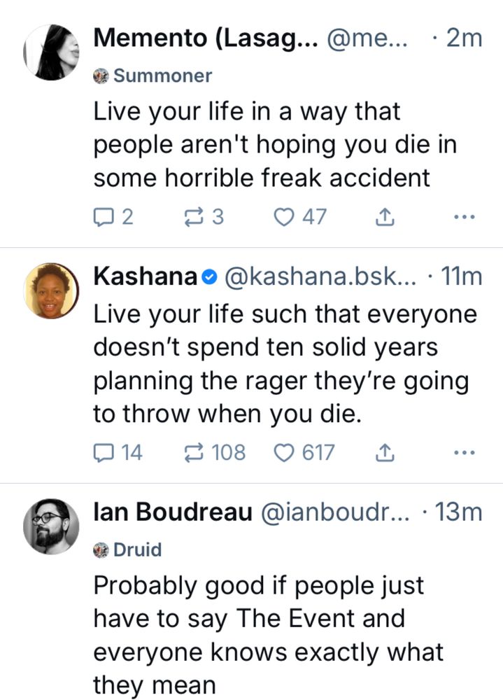 A screenshot of three separate posts, all talking about him dying
