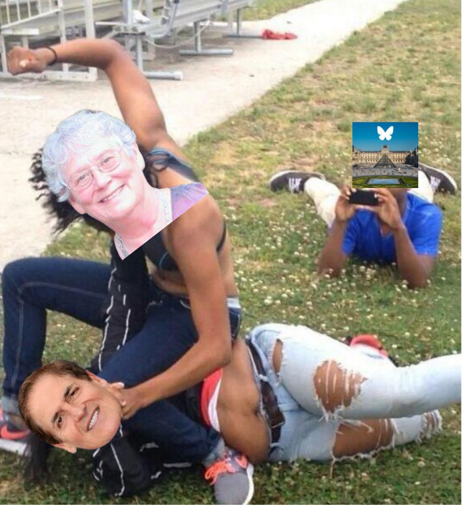 A meme of Martha whooping Mark Cubans ass while the Louvre records