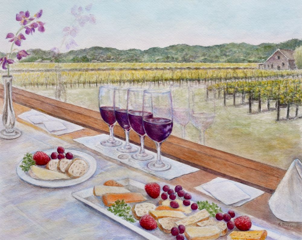 Watercolor painting. Four red wine glasses with cheese and fruit plates set on a table. Looking out of a window to a vineyard. Hills in the distance. Slight reflections on window.
