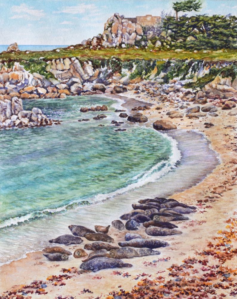 Watercolor painting. A group of harbor seals resting on a beach. Blue/green waves, sand, seaweed, rocks, cliff and trees.