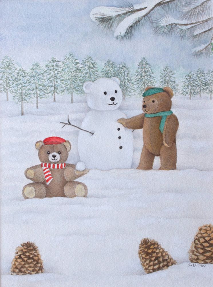 Watercolor painting of two teddy bears building a snow bear. Pinecones in the foreground, trees in the background.