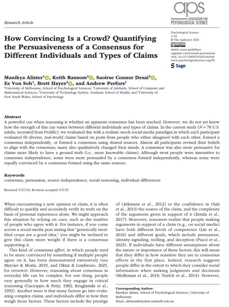 Screenshot of the article "How Convincing Is a Crowd? Quantifying the Persuasiveness of a Consensus for Different Individuals and Types of Claims"