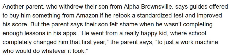 “He went from a really happy kid, where school completely changed him that first year,” the parent says, “to just a work machine who would do whatever it took.”