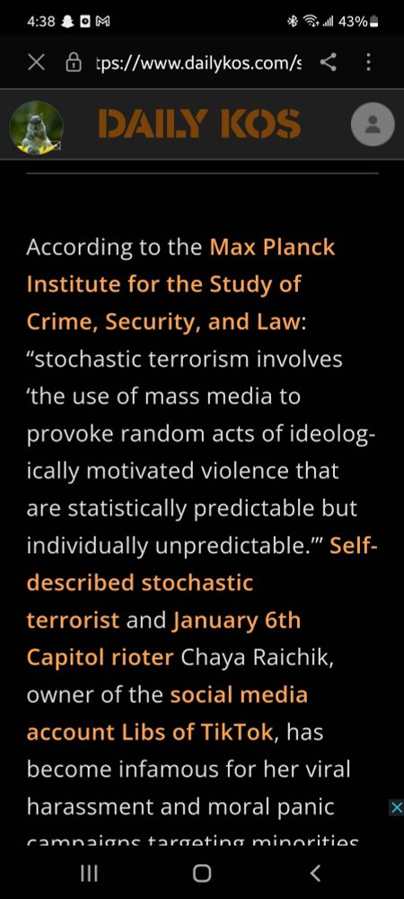 Screenshot of article linked in OP. Specifically a portion wherein Stochastic Terrorism is defined.
