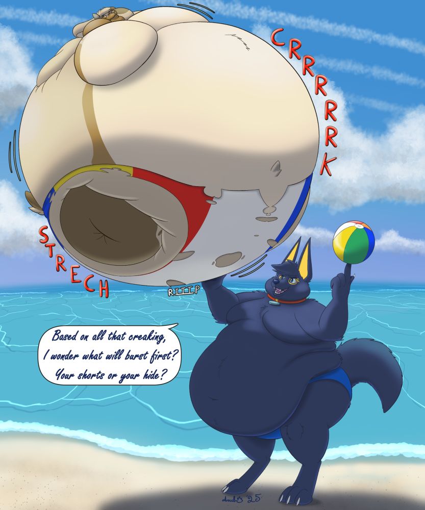 Anubo, a smug and faintly evil looking obese anthropomorphic Anubian jackal in a blue speedo, is looking up at a now hugely inflated Nota. Anubo is balancing a regular beach ball on finger tip while his other paw is resting against/pushing on Nota’s airy hide.

Nota is bloated, his shorts stretched and tearing, arms and legs dimpled in, while creaking noises indicate his body is at max pressure and ready to possibly burst.