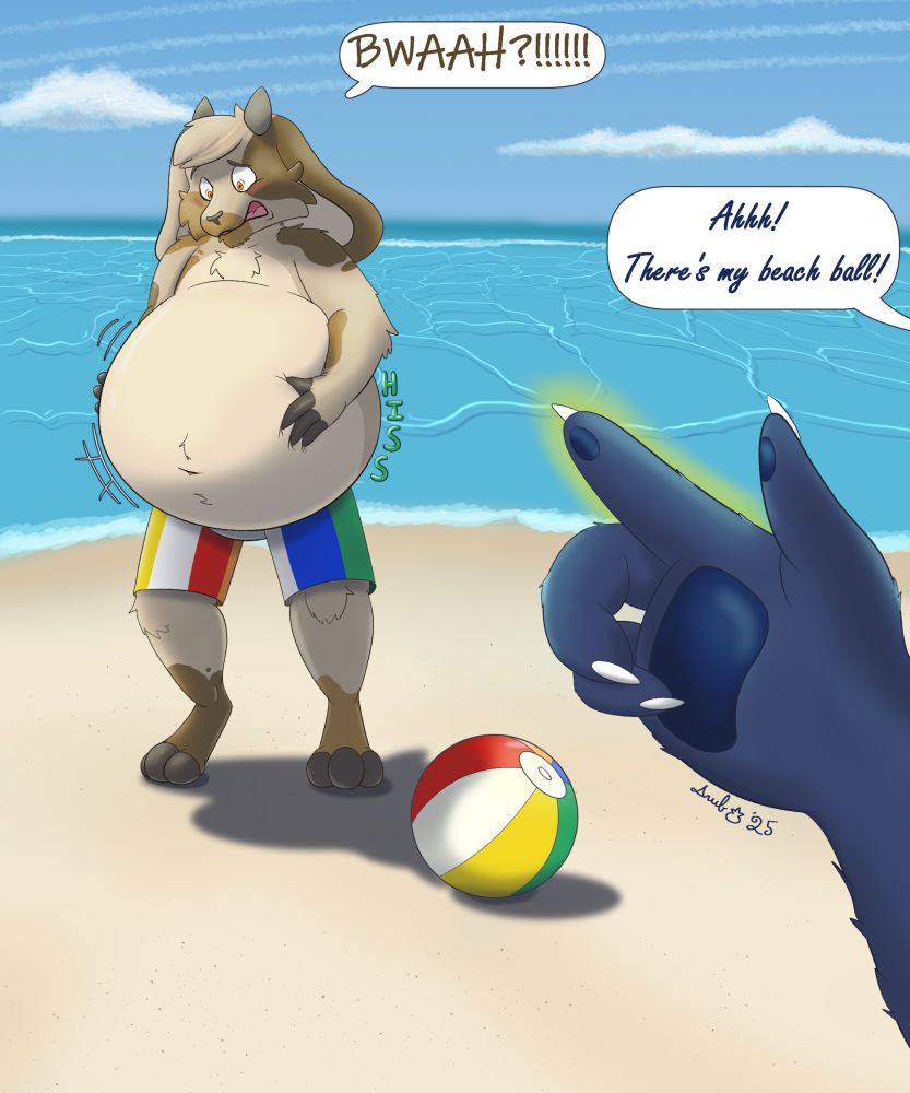 An anthropomorphic goat on a sunny beach in colorful beachball stripe shorts. He is holding his suddenly inflating belly with an expression of surprise and blush. Nota is bleating “Bwaah!” In shock. In the foreground is Anubo’s outstretched hand with a faint aura of magic around the index finger. Anubo is saying “Ahh! There’s my beachball!” Off screen.