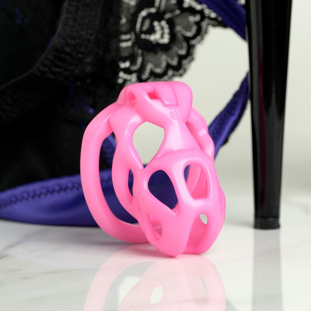 Pink Hera chastity cage in front of lace underwear and black pleaser high heels.