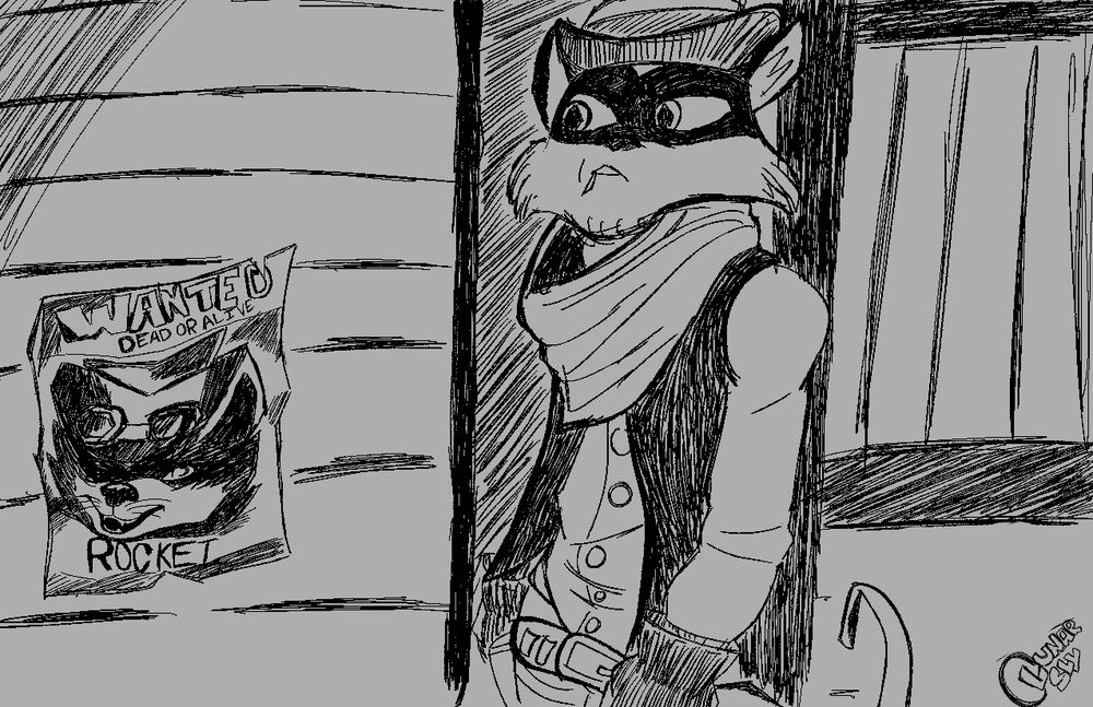 Tennessee Kid Cooper quizzically staring at a wanted poster for Rocket Raccoon 