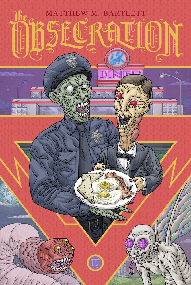 Cover for THE OBSECRATION: Two ghoulish figures have breakfast at a strange diner.