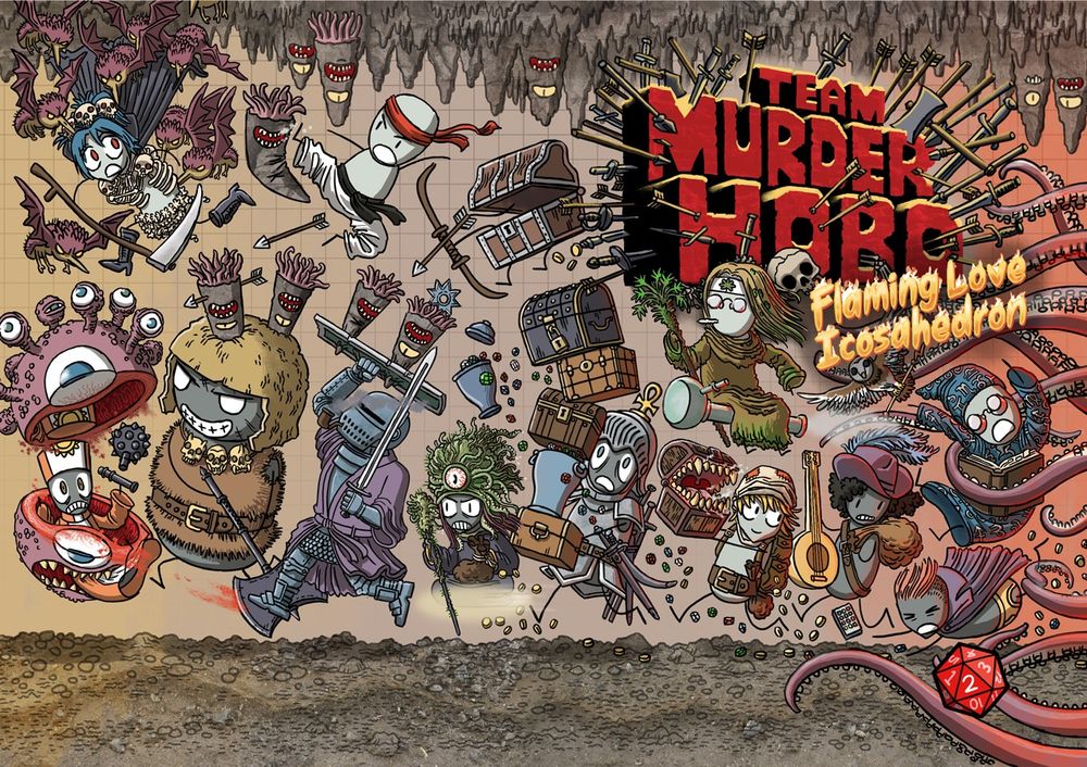 Cover to Team Murderhobo: Flaming Love Icosahedron. (Words by Clinton J. Boomer and art by Jason Bradley Thompson.) Scene of iconic D&D heroes running with their loot from various monsters. 