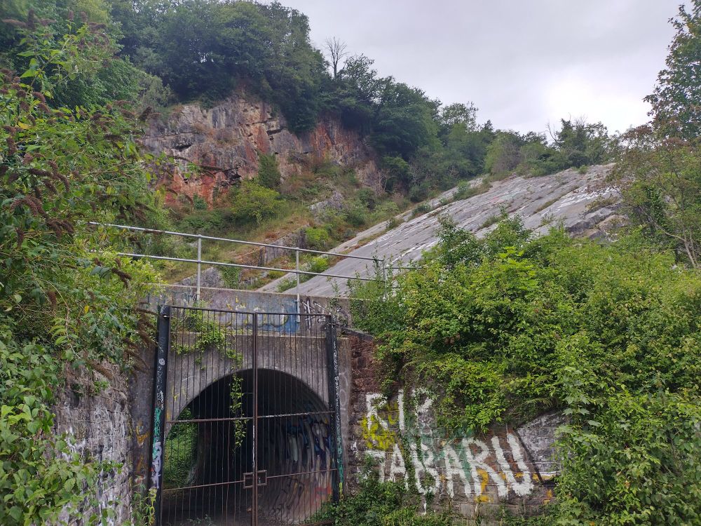 Graffiti-sten railway bridge and rock slope in the Avon Gorge