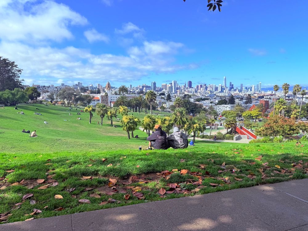 Two people sit on a grassy hill under scattered shade in a park, facing a panoramic view of San Francisco’s city skyline under a bright blue sky. The park, filled with palm trees and people lounging on the lawn, features a white building with a clock tower and a red staircase structure in the foreground. Fallen leaves are scattered on the grass and sidewalk in the foreground.