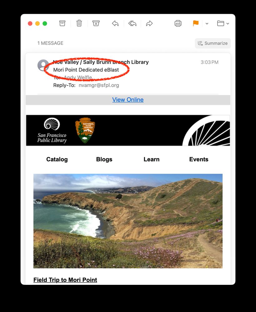 Screenshot of an email from the San Francisco Public Library titled “Mori Point Dedicated eBlast” with the sender listed as "Noe Valley / Sally Brunn Branch Library." Below the header is a banner with the San Francisco Public Library and National Park Service logos. Navigation links include “Catalog,” “Blogs,” “Learn,” and “Events.” A large image shows a coastal cliffside landscape at Mori Point with ocean waves crashing against the shore, green hills, and a trail through wildflowers. A bolded text link reads “Field Trip to Mori Point.”