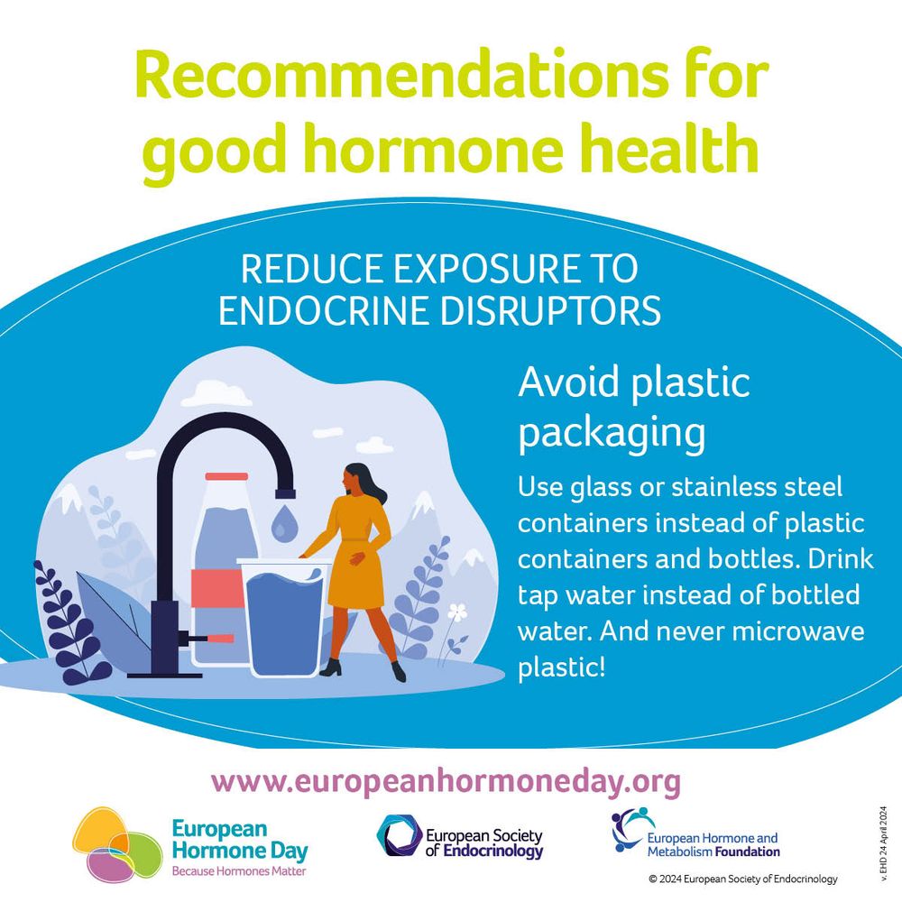Illustration shows a tap with water dripping into a plastic cup. Behind the cup is a plastic water bottle. Next to the tap is an illustration of a woman. Text reads:
'Recommendations for good hormone health. Reduce exposure to endocrine disruptors. Avoid plastic packaging. Use glass or stainless stell containers instead of plastic containers and bottle. Drink tap water instead of bottled water. And never microwave plastics.
