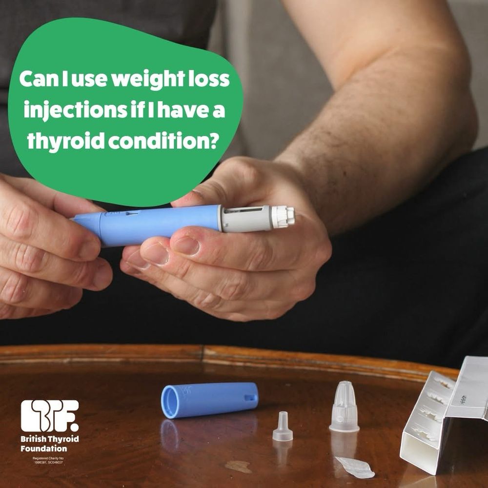 Man is holding a weight loss injection. Caption reads: Can I use weight loss injections if I have a thyroid condition?