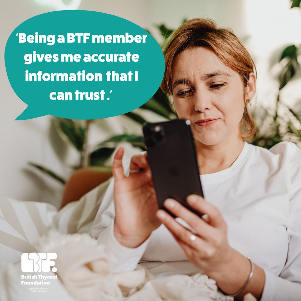 Woman is sitting on a chair scrolling on her phone. A speech caption reads: Being a BTF member gives me accurate information that I can trust.
