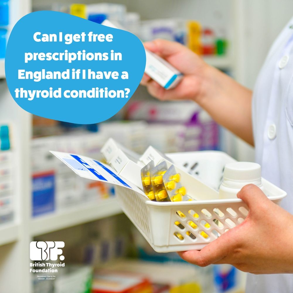 Person dispensing medicines in a pharmacy. Words read: Can I get free presctions in England if I have a thyroid condition?