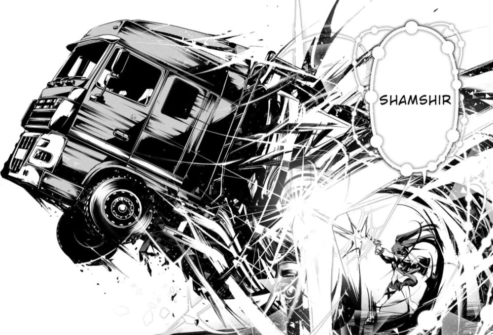 Incredible manga panel showing a small girl firing a gun, and a truck appearing mid-air where the bullet used to be.