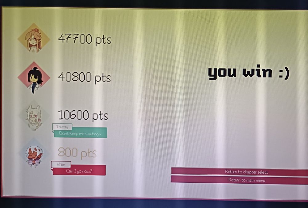 Me winning mahjong 800 points to 47700 points. To be clear, I am the one with 800 points.