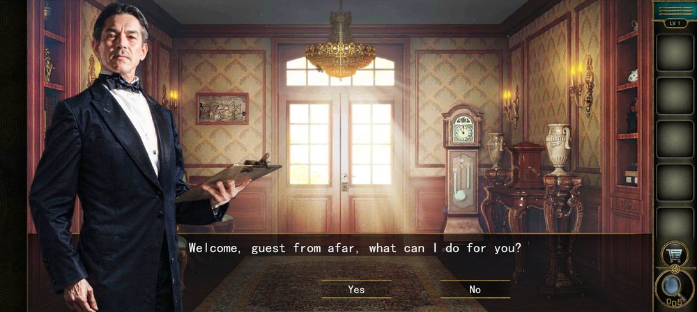 A screenshot from a game where a butler is saying, "Welcome, guest from afar, what can I do for you?" and the options are Yes and No