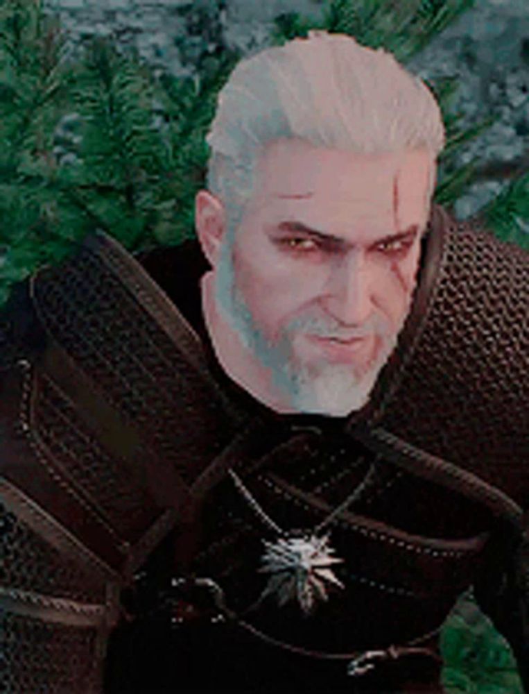 a man with white hair and a beard is wearing a black armor and a necklace with a pendant .