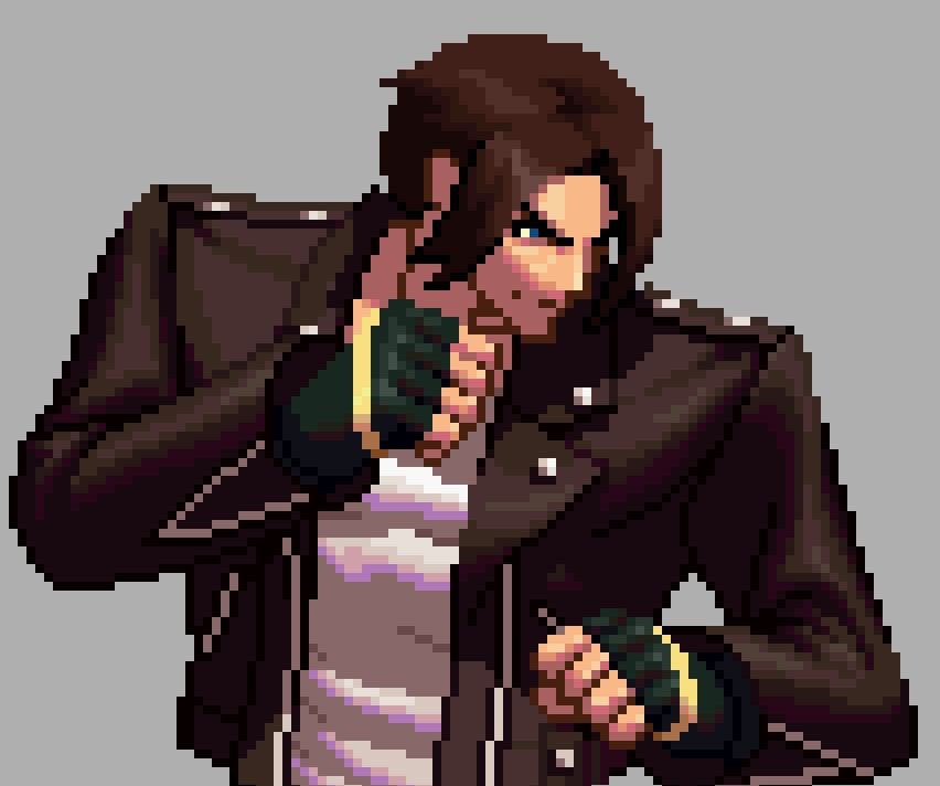 A close-up of Kyo Kusanagi's sprite as seen in King of Fighters XIII