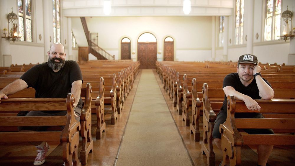 Producer Ralph D. Apel & Director/Producer Taylor Morden of Getting LOST sitting in the church pews from the final episode of LOST