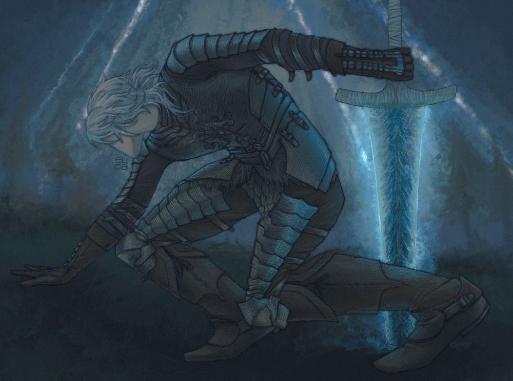 digital painting of my Elden Ring Tarnished oc, Soren, wearing Blaidd's armor set and wielding the Dark Moon Greatsword in Liurnia of the Lakes.