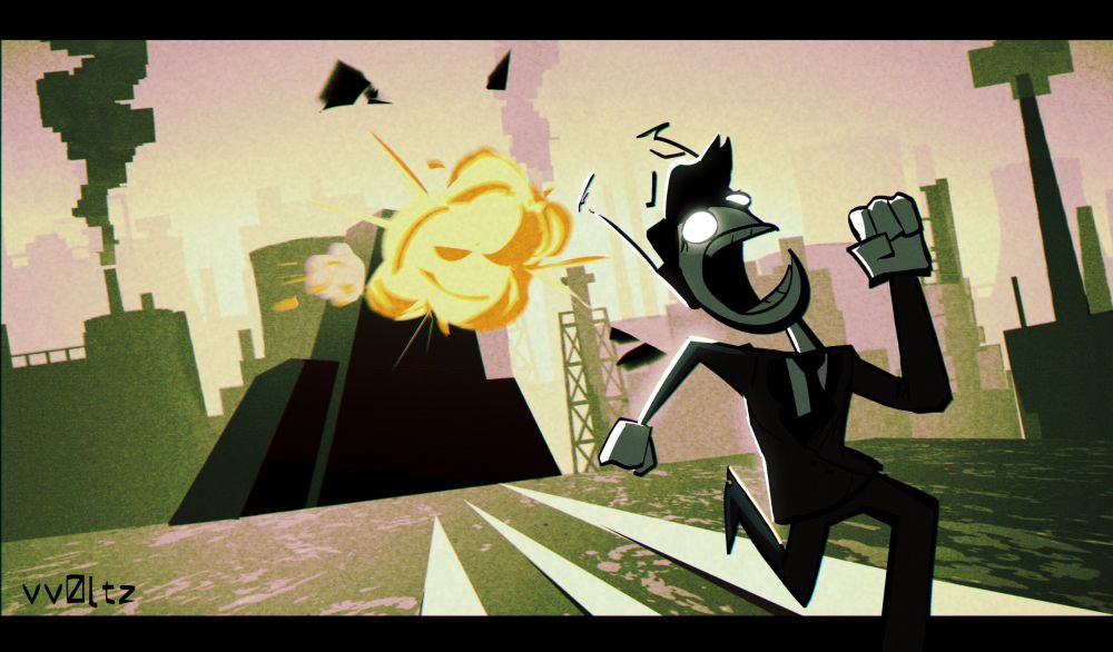 Egz running away from blowing building in a distance and panicking