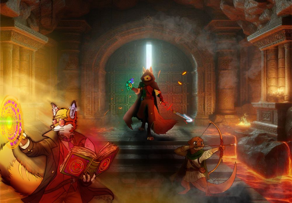A mage fox, a rogue wolf and a ranger otter together, exploring a dungeon.