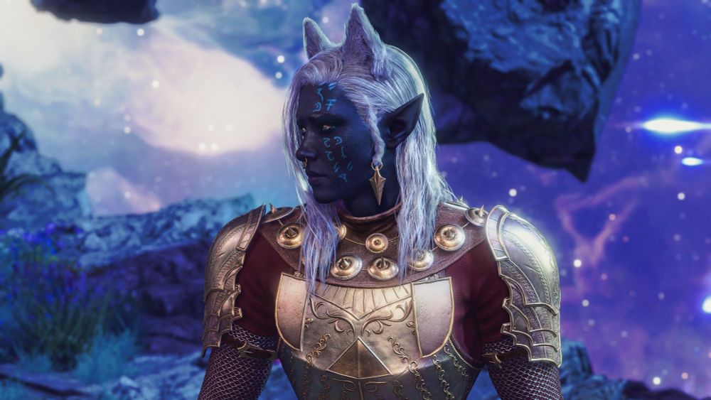 Strong body type femme drow with blue facial markings and kitty ears in guardian armor. She’s looking concerned in the astral plane 
