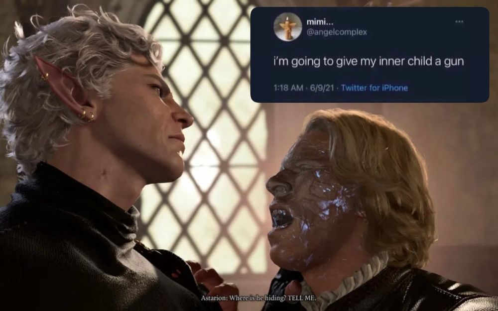 Astarion looking pissed holding Petras in the sunlight saying “I’m going to give my inner child a gun”