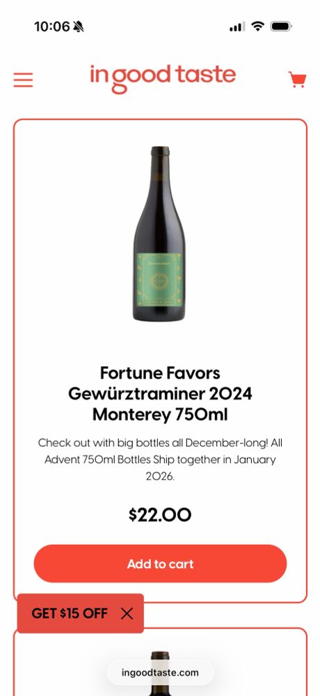 A screenshot from the in good taste website of “fortune favors gewurztraminer 2024 Monterey 740ml” wine