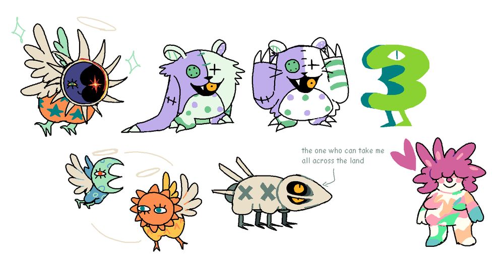 fanart of several animals from Formless Star: Blankette, Three Man, Lunar Dreambird, Solar Dreambird, Eclipse Dreambird, Sylvia and Shape.