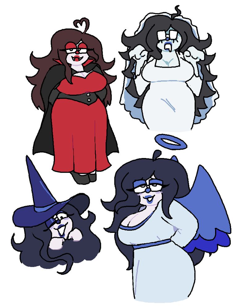 four drawings of my sona (clownlike woman with blue makeup) in different costumes
top left is a vampire, top right is a zombie/ghost bride, bottom left is a witch, bottom right is an angel