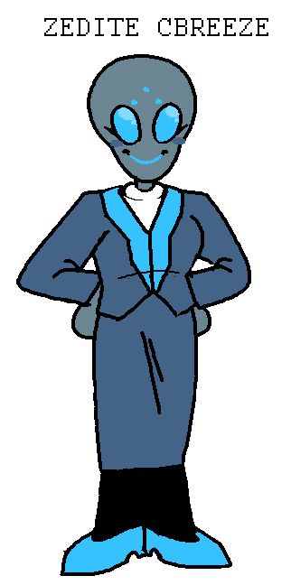 grey alien with glowing blue eyes, blue lipstick and blue dots in a triangle  pattern on their forehead. they wear a business suit, pencil skirt, blue shoes and black leggings. their name is "ZEDITE CBREEZE"