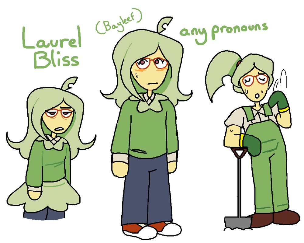 Drawings of a character, Laurel Bliss. He is an androgynous-looking humanoid with a yellow skin, glasses, long green hair and a green sweater/jumper. In one design, she has her long hair tied back in a ponytail, and is dressed in gardener clothes and fanning herself with her hands. She uses any pronouns