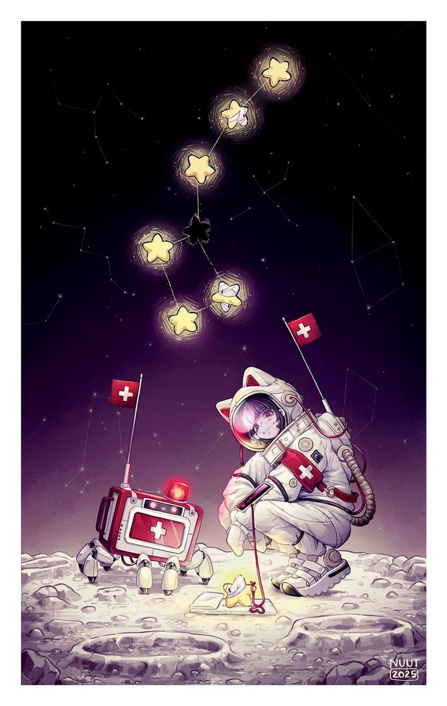 An astronaut-paramedic and her first aid kit -robot are crouched on the surface of the moon, a little injured (but bandaged!) star in front of them. Behind them is the Ursa Minor constellation that is missing one star. 