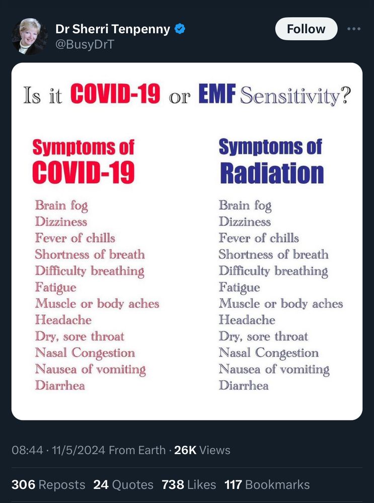 Tweet from Dr Sherri Tenpenny 
@BusyDrT

Is it COVID-19
or EMF Sensitivity?

[list of identical symptoms]
Brain fog
Dizziness 
Fever of chills
Shortness of breath
Difficulty breathing
Fatigue
Muscle or body aches
Headache
Dry, sore throat
Nasal Congestion
Nausea of vomiting
Diarrhea

08:44 • 11/5/2024 From Earth • 26K Views