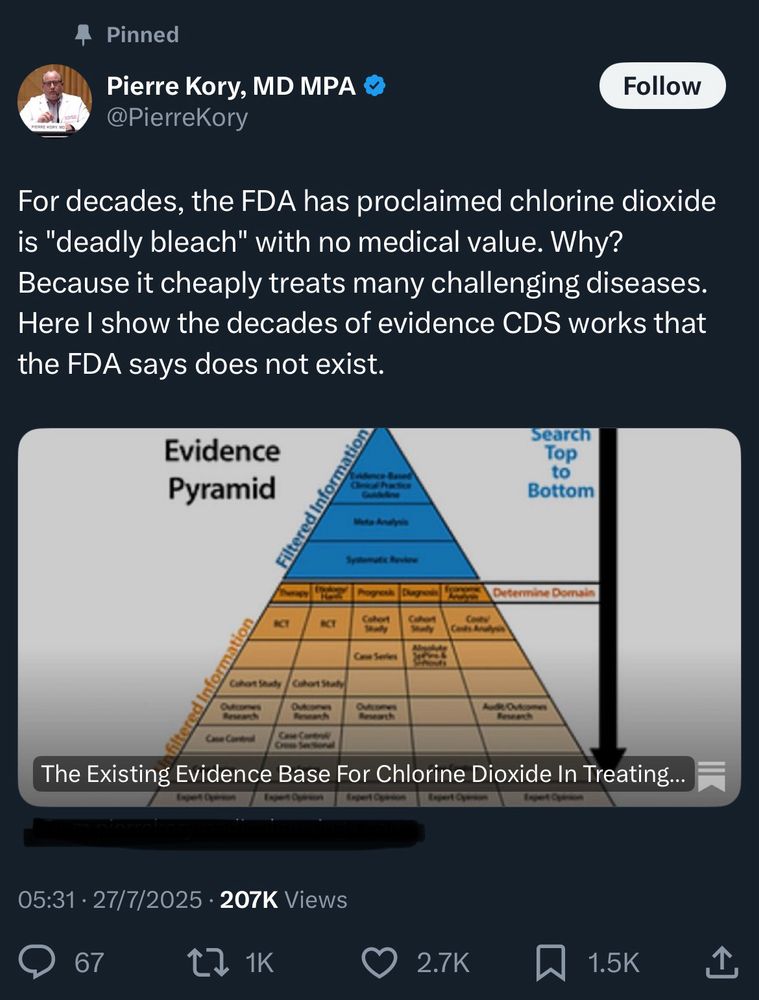 Pinned tweet 
Pierre Kory, MD MPA
@PierreKory

For decades, the FDA has proclaimed chlorine dioxide is "deadly bleach" with no medical value. Why?
Because it cheaply treats many challenging diseases.
Here I show the decades of evidence CDS works that the FDA says does not exist.

05:31 • 27/7/2025 • 207K Views
