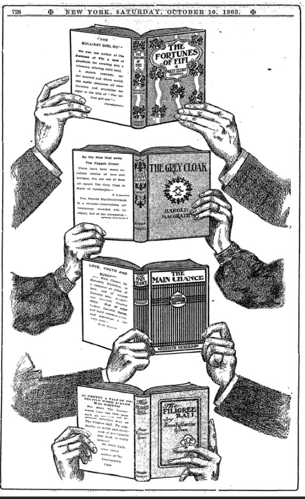 This is a full-page ad from the NYT Book Review in 1903. It is an illustration of four sets of hands, each holding a book: "The Fortunes of FIfi," "The Grey Cloak," "The Main Chance" and "The Filigree Ball."